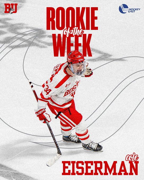 Cole Eiserman Hockey East Rookie of the Week graphic