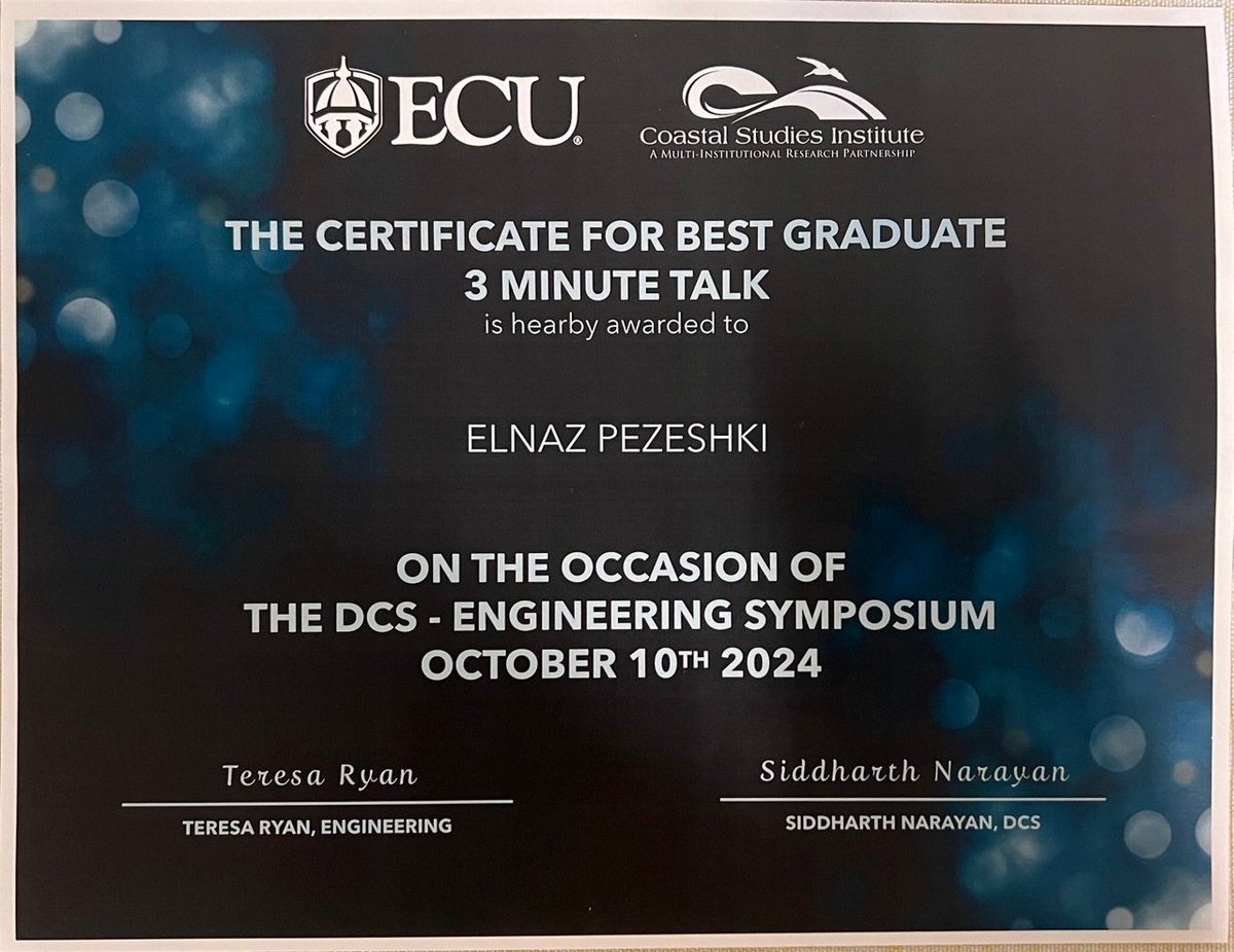 Excited to share that my talk on "Using electrical resistivity tomography (ERT) to investigate the role of artificial channels on saltwater transport, Hyde County, NC" was recognized with the best Graduate 3MT award at the annual DCS-Engineering symposium. #3MT