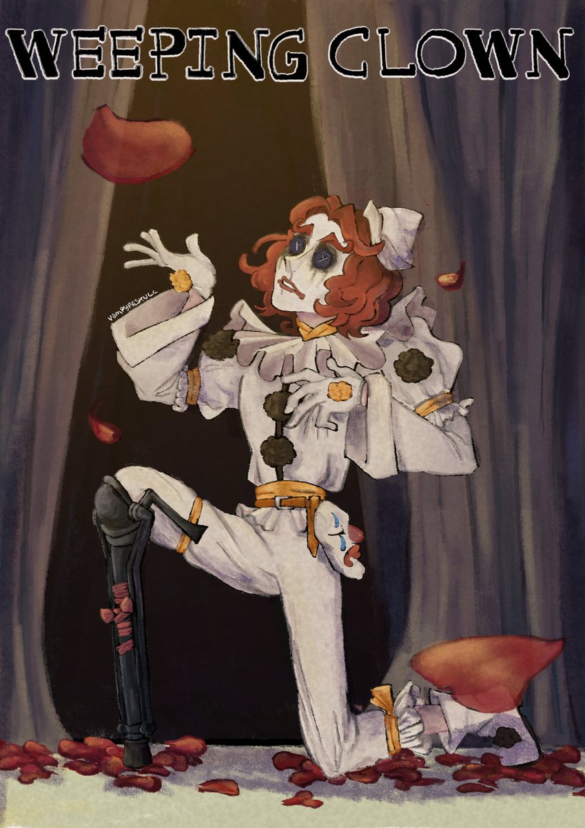 waxenvampyre's tweet photo. Weeping Clown / Joker
Fandom: Identity V
Zine Piece - @idvoncezine 
"Teary-Eyed Romeo"

Check out the replies for concept art AND the zine itself!

#IdentityV #IDV https://t.co/haJRJKlO15