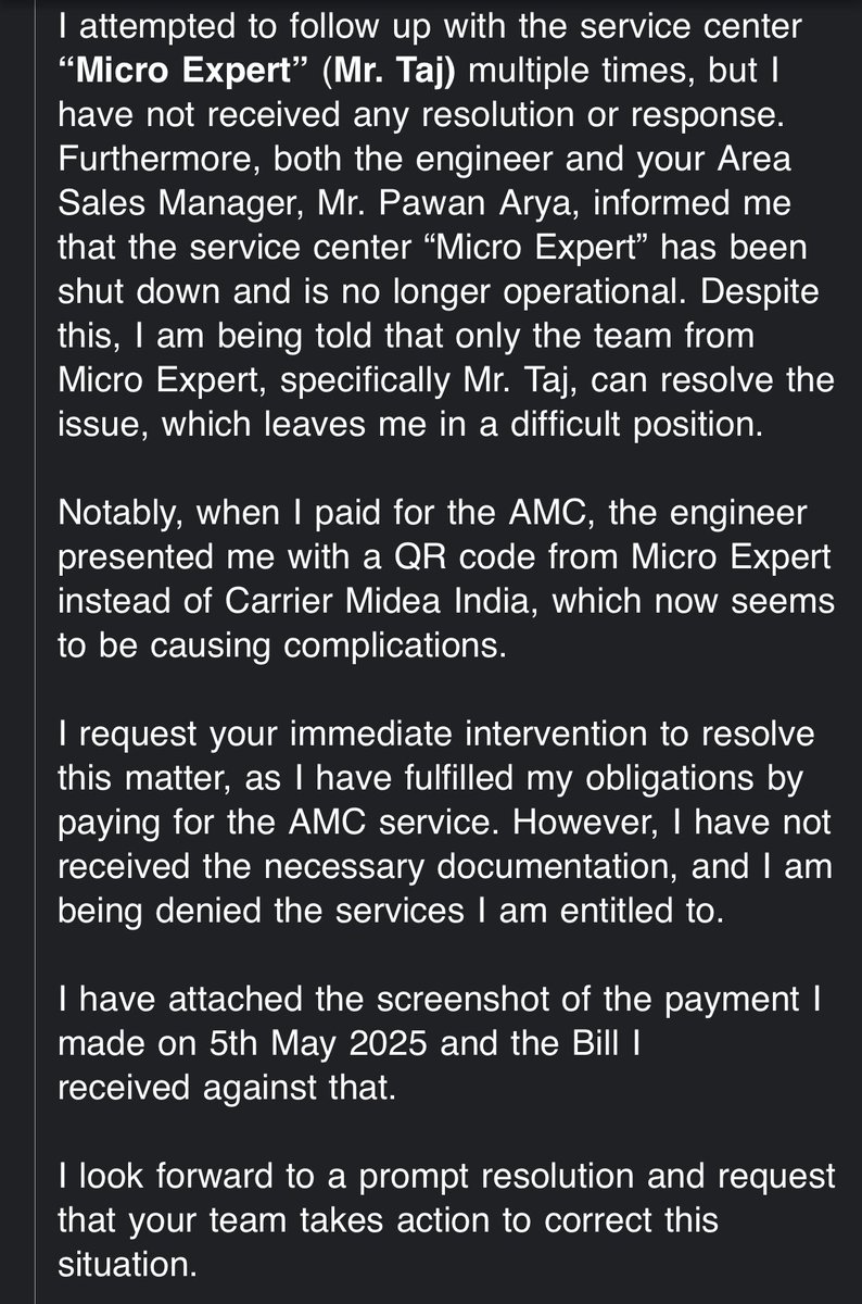 PrashantChaub's tweet photo. @CarrierHVAC @HuaweiCarrier @carrier 

Awaiting a response from your team.  I have written mail and tried contacting on the customer care number also but got no solution. https://t.co/Xe1om5kLB3