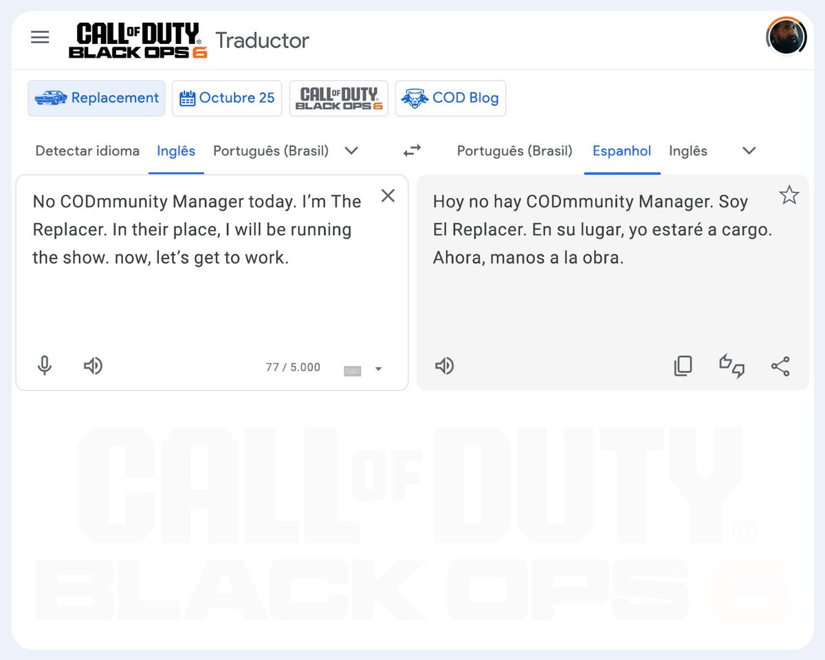 CallofDutyLATAM's tweet photo. Soy yo. Su nuevo líder de todo lo que patea traseros.
#HASHTAG #CALLOFDUTY #BLACKOPS6 #JEFE #COD #CODFISH #YOTENGOELPODER #AMOREEMPLAZAR
Patea traseros en Call of Duty: Black Ops 6 el 25 de octubre https://t.co/siSnchU3Mt https://t.co/krmLVZoACY