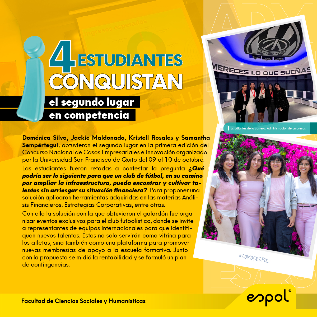 FCSHEspol's tweet photo. #Administración 

Cuatro de nuestras estudiantes destacaron en Competencia Nacional. 🐢

#orgullopolitécnico #adnespol https://t.co/TynYafO01V