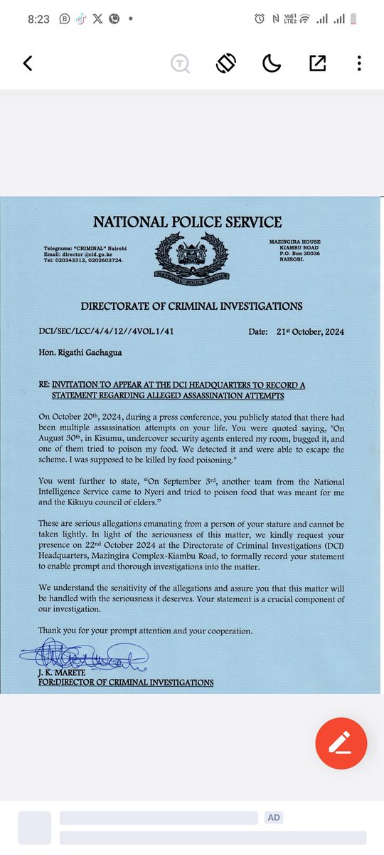 It is an INVITATION to offer information on the alleged ASSASSINATION and not a SUMMON...The DP may choose to go or not. Are we togeza?