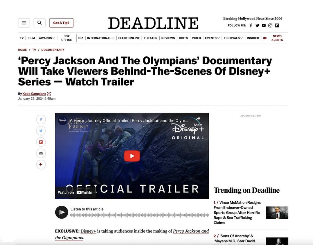 Our @percyseries documentary ‘A Hero’s Journey’ is out now on @disneyplus

Read the @deadline exclusive:

deadline.com/2024/01/percy-…