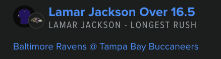 JDlockss's tweet photo. ⭐️Monday Night Football Bet #2 ⭐️

Lamar Jackson OVER 16.5 Longest Rush

- The Bucs allow the 5th most rush yards to QB which is mainly because of their high blitz rate 

- High blitzing should open up running lanes 

- Excluding Goff & Kirk Cousins, who are both non mobile QB's, every QB vs the Bucs has cleared this line
