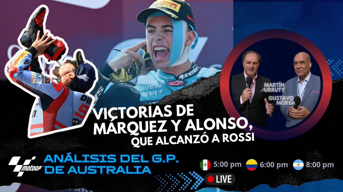 LigaMotera's tweet photo. Marc Márquez volvió a ganar, se sigue acercando al título de MotoGP. También triunfó David Alonso en Moto3 e igualó el récord de Valentino Rossi. #Hoy nuestros expertos analizan lo que pasó en el Gran Premio de Australia.  #marcmarquez #MotoGP https://t.co/DTlWcJB3j1 https://t.co/aRdfq7O7Um