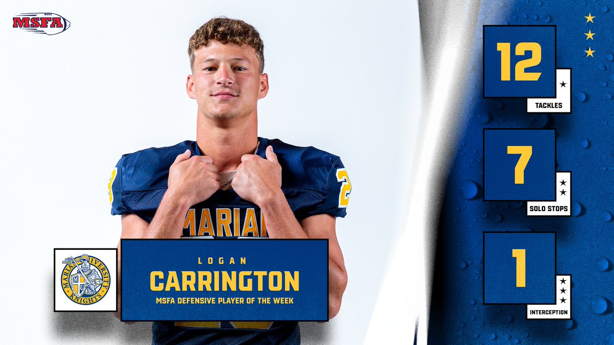 Congratulations to Logan Carrington of <a href="/MarianUFootball/">Marian Football</a> on being named the MSFA Defensive Player of the Week, the first in his career!