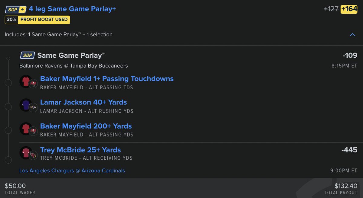 JDlockss's tweet photo. ⭐️ Monday Night Football Bet #3 ⭐️

MNF 30% Boost Builder Lay (2u) (+164) 

This is a hit rate lay that I'm really liking

- Lamar has had 40+ in the L9/10

- Baker has had 1+ Passing TD in the L9/10 and L2/3 with 200+, gets a GREAT matchup vs a BAL def that ranks 31st in the league right now

- McBride has hit the L10/10 games

#nflbets
