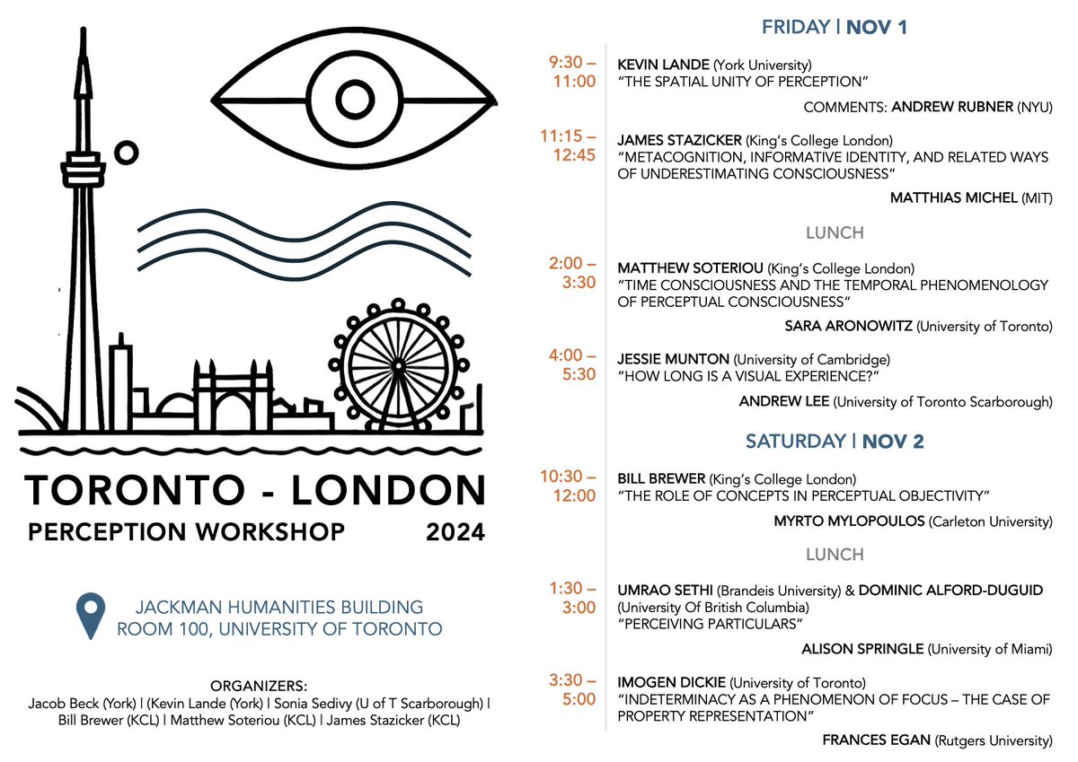 Toronto-London Perception Workshop, November 1-2, Jackman Humanities Building, Room 100, University of Toronto. 

Organized in part by York's very own Jacob Beck and Kevin Lande.