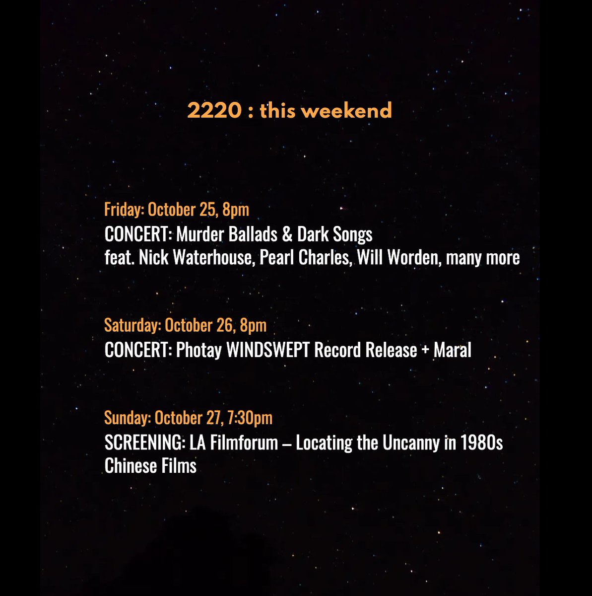 A full week, spilling over with music: five concerts, a group reading and a Sunday screening. 

See you soon.