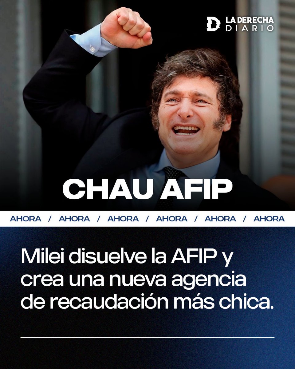 laderechadiario's tweet photo. 🚨🇦🇷 | #AHORA El presidente Javier Milei disuelve la AFIP y crea una nueva agencia de recaudación más chica.

- Se bajan un 90% los sueldos de los directores.
- Se reduce el 45% de las autoridades superiores, la "planta política".
- Se reduce 30% en autoridades inferiores.
- Se reduce un 15% los empleados con pase a disponibilidad.