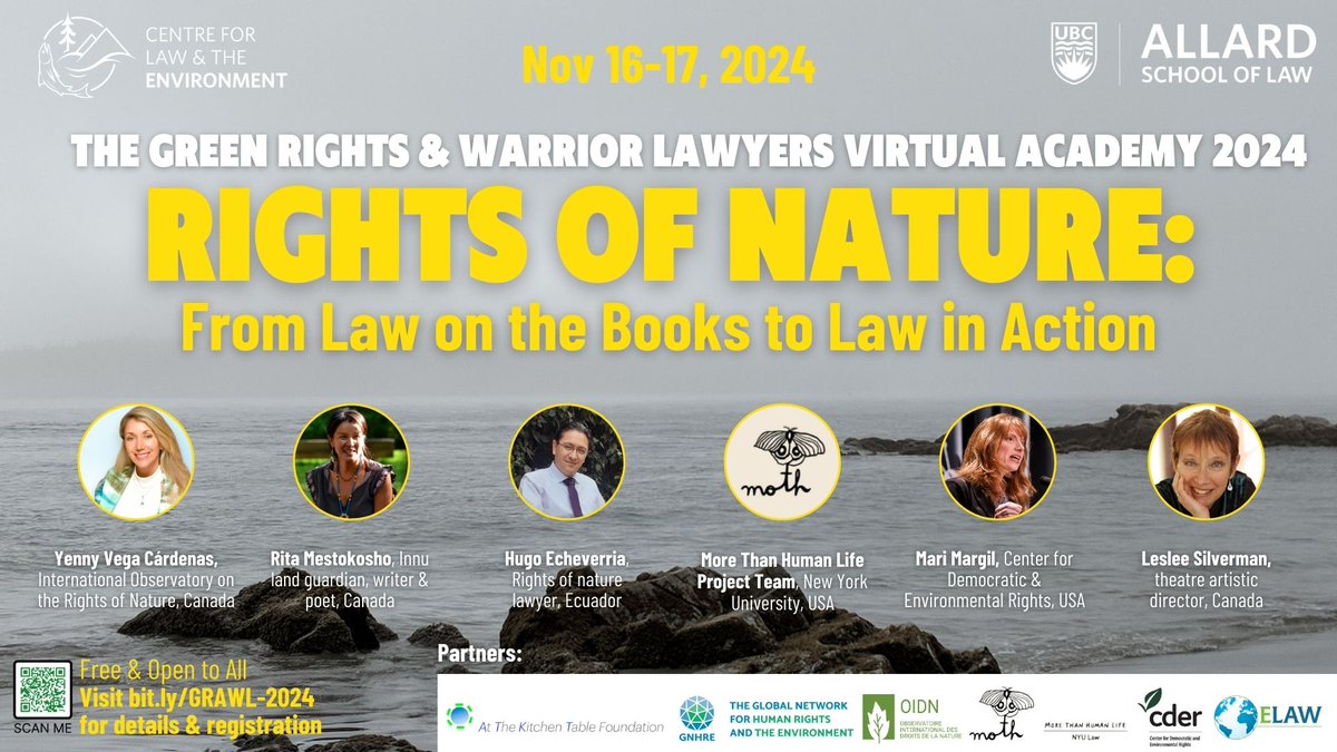 Updated lineup! Green Rights &amp; Warrior Lawyers Virtual Academy on #rightsofnature, free interactive online event for lifelong learners everywhere, featuring <a href="/RightsOfNature/">Center for Democratic and Environmental Rights</a> <a href="/hugoeche1/">Hugo Echeverria</a> <a href="/humanrightsnyu/">NYU Center for Human Rights & Global Justice</a> <a href="/CLE_Allard/">Centre for Law & the Environment</a> &amp; others Nov 16-17. @GNHRECommunity Join! bit.ly/GRAWL-2024