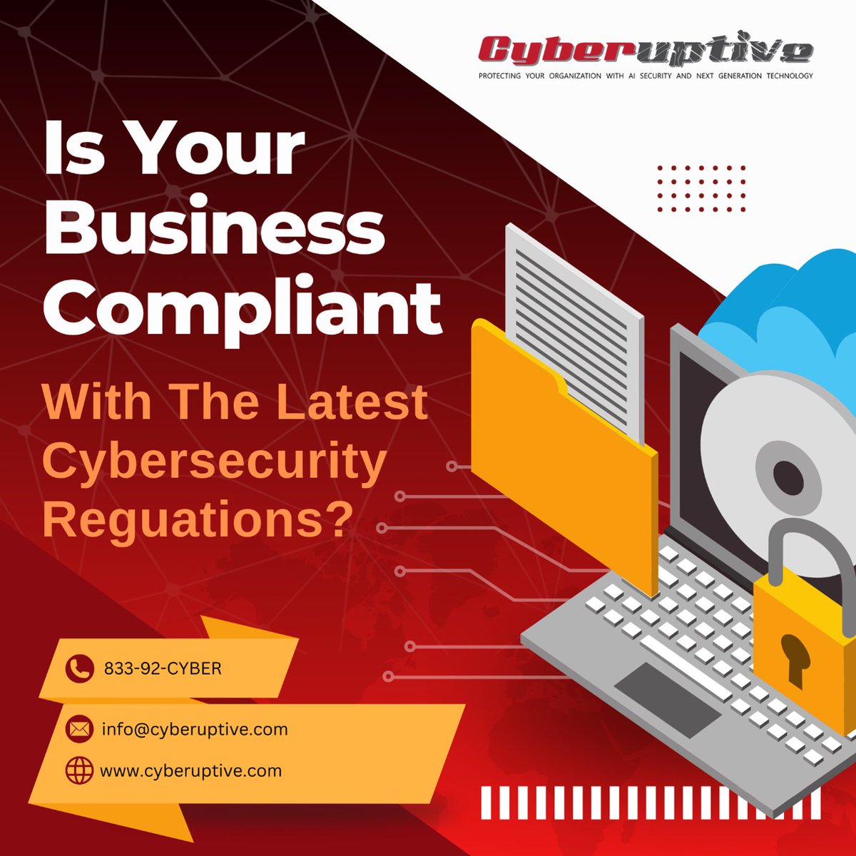 Cyberuptive's tweet photo. Is your business compliant with the latest cybersecurity regulations? We help businesses navigate the complex world of compliance with ease. #ComplianceSolutions #CyberSecurityAwarenessMonth #Cyberuptive https://t.co/H2EoNgGswA