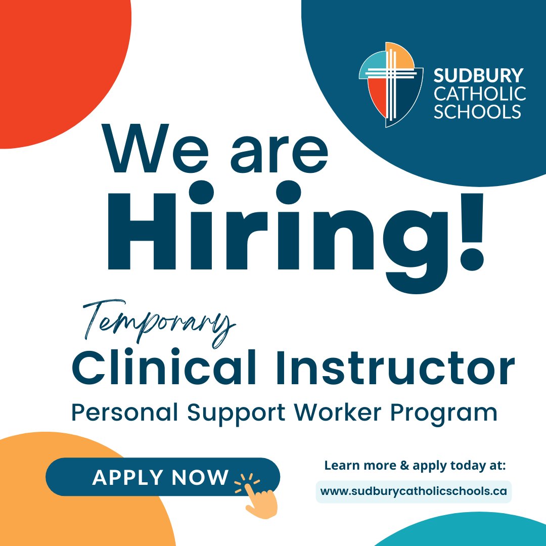 We are hiring a Temporary Clinical Instructor for the Personal Support Worker (PSW) Program at St. Albert. 🩺 Visit bit.ly/3Nz2wvn to learn more and apply today!

#Hiring #PSWInstructor #EducationJobs #PersonalSupportWorker #Jobs #PSW #SudburyOntario