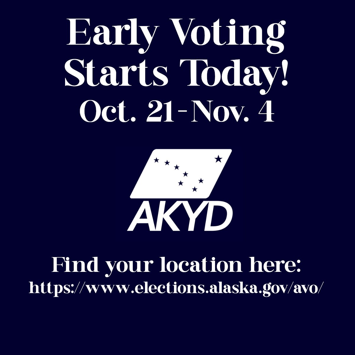 Early voting starts TODAY in Alaska! Skip the line and vote early!
Find your local polling place here: elections.alaska.gov/avo/ #akelect
