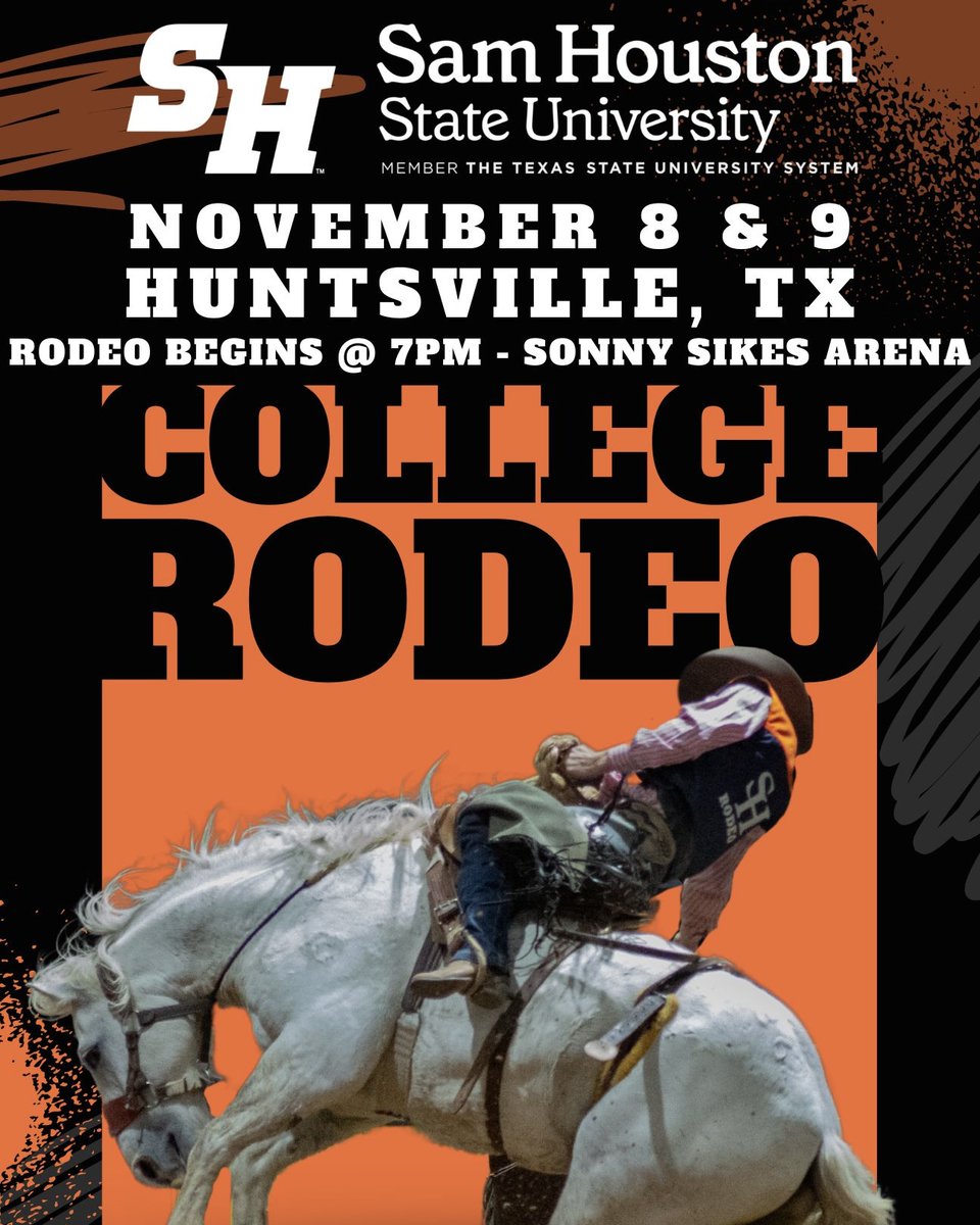 SamHoustonState's tweet photo. Dust off your boots and grab your cowboy hats, SHSU Rodeo is back 🤠 

Gallop over to the QR codes below to see your favorite Rodeokats back in action on Nov. 8-9! Tickets can be purchased ONLINE ONLY, so snag your spot before it's too late! 
 
#collegerodeo | #SamHoustonState https://t.co/t7XhC1ohXy