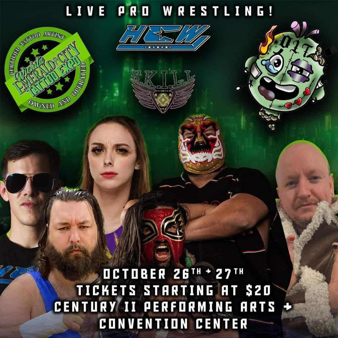SkillProLucha's tweet photo. Check out our next two shows coming up! This weekend bring your Lucha mask to the Emerald City Tattoo Convention and next Friday celebrate Day of the Dead at the historical @DepotTheater! 
#halloween2024 #WichitaKS #DayOfTheDead #DodgeCityKS https://t.co/aisLO2OndP