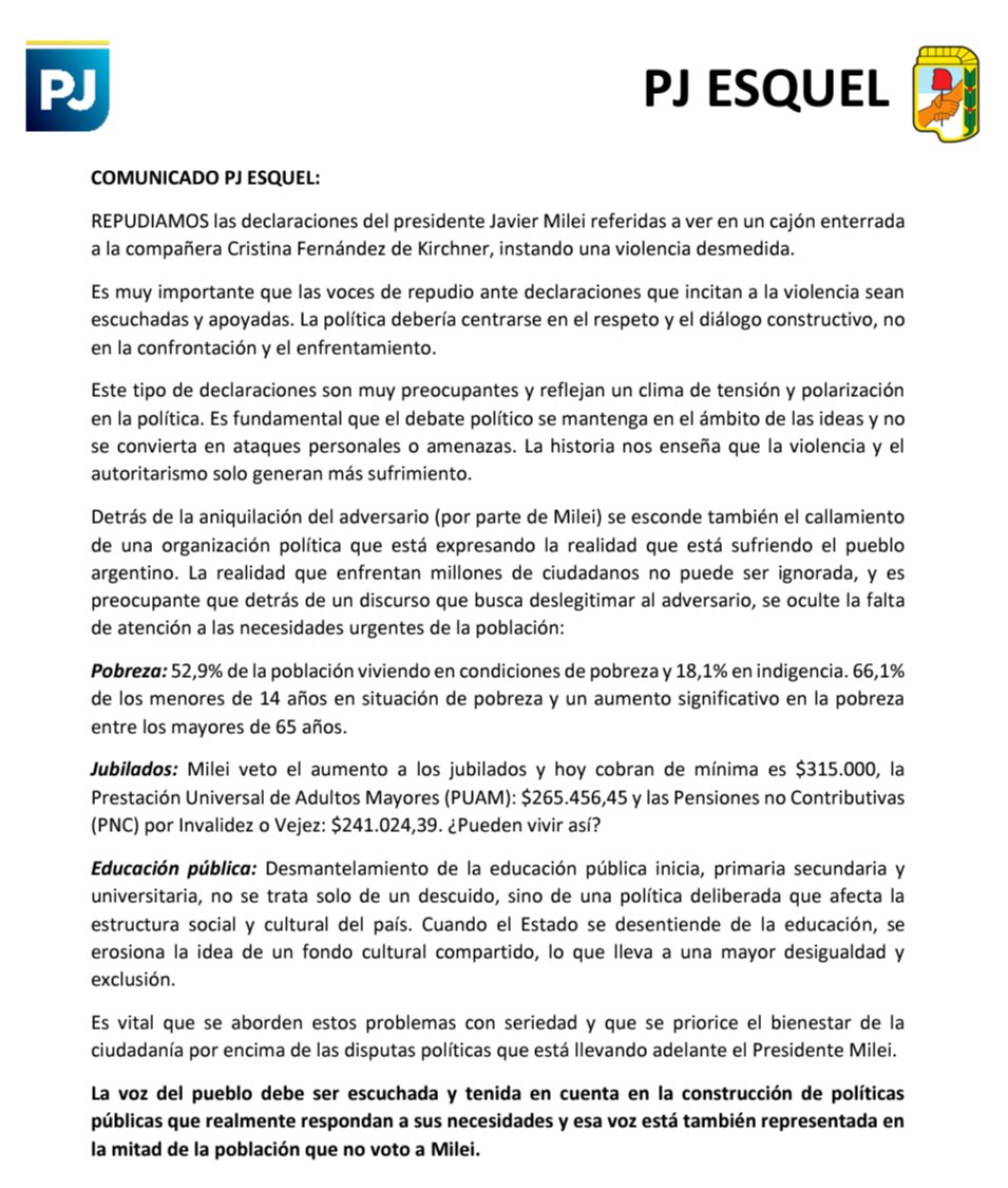 REPUDIAMOS las declaraciones del presidente Milei referidas a ver en un cajón enterrada a la compañera <a href="/CFKArgentina/">Cristina Kirchner</a>, instando una violencia desmedida.
Es fundamental que el debate político se mantenga en el ámbito de las ideas y no se convierta en ataques personales o amenazas.
