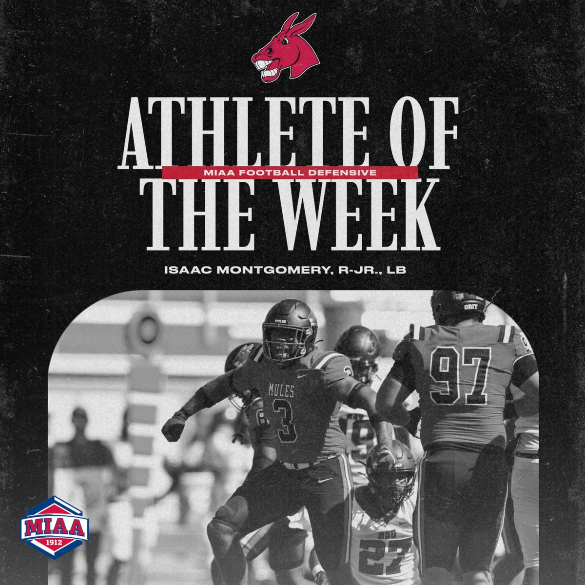 Isaac Montgomery has been named this week's <a href="/TheMIAA/">The MIAA</a> Defensive Athlete of the Week!

Isaac posted a UCM single-game record 100-yard (‼️) pick-six in our 35-30 "W" at Northwest Missouri State Saturday!

📝 | bit.ly/3BQWovU

#teamUCM x #MissionOriented