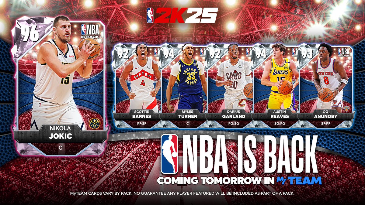 NBA2KMyTEAM's tweet photo. NBA is Back drops tomorrow in MyTEAM! 👀

Celebrate the return of NBA basketball and add these players to your lineups!
🃏 Pink Diamond Nikola Jokic
💎 Diamond Scottie Barnes
💎 Diamond Myles Turner
💎 Diamond Darius Garland
💎 Diamond Austin Reaves
💎 Diamond OG Anunoby https://t.co/FHzNHTVCDF