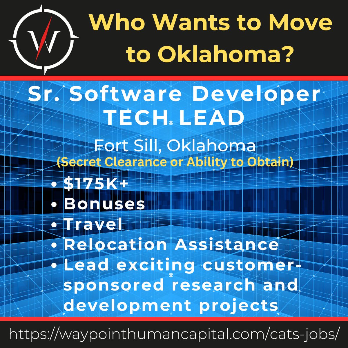 WaypointHC's tweet image. Sr. Software Developer Technical Lead-Ft. Sill, Lawton, OK (ON SITE ONLY) Secret clearance or ability to obtain one. $175K+, 10+ years in software development, C++/Python expertise, Agile experience, and team leadership required. Apply today!

waypointhumancapital.catsone.com/careers/95573-…