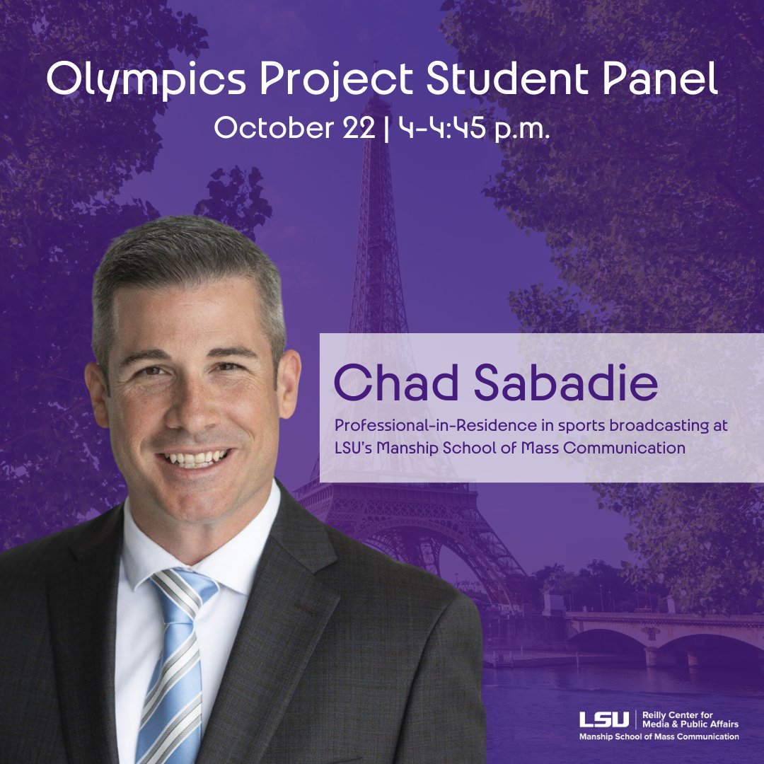 Join us to hear Olympics Project student panel speak at our upcoming event, "Beyond the Rings: Inside the 2024 Summer Olympics," tomorrow from 4 - 4:45 p.m. in the Holliday Forum of the LSU Journalism Building.
Register here: ow.ly/RjGO50TQ7YH
<a href="/ManshipSchool/">LSU Manship School of Mass Communication</a>  <a href="/ChadSabadie/">Chad Sabadie</a>