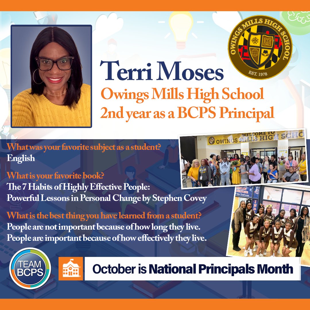 Baltimore County Public Schools (@baltcops) on Twitter photo 🏫 In celebration of National Principals Month, we are spotlighting some of our many terrific #TeamBCPS Principals! Meet Terri Moses, Principal of Owings Mills High School. <a href="/OMHS_Eagles/">OwingsMillsHS</a> 🏫 In celebration of National Principals Month, we are spotlighting some of our many terrific #TeamBCPS Principals! Meet Terri Moses, Principal of Owings Mills High School. <a href="/OMHS_Eagles/">OwingsMillsHS</a>