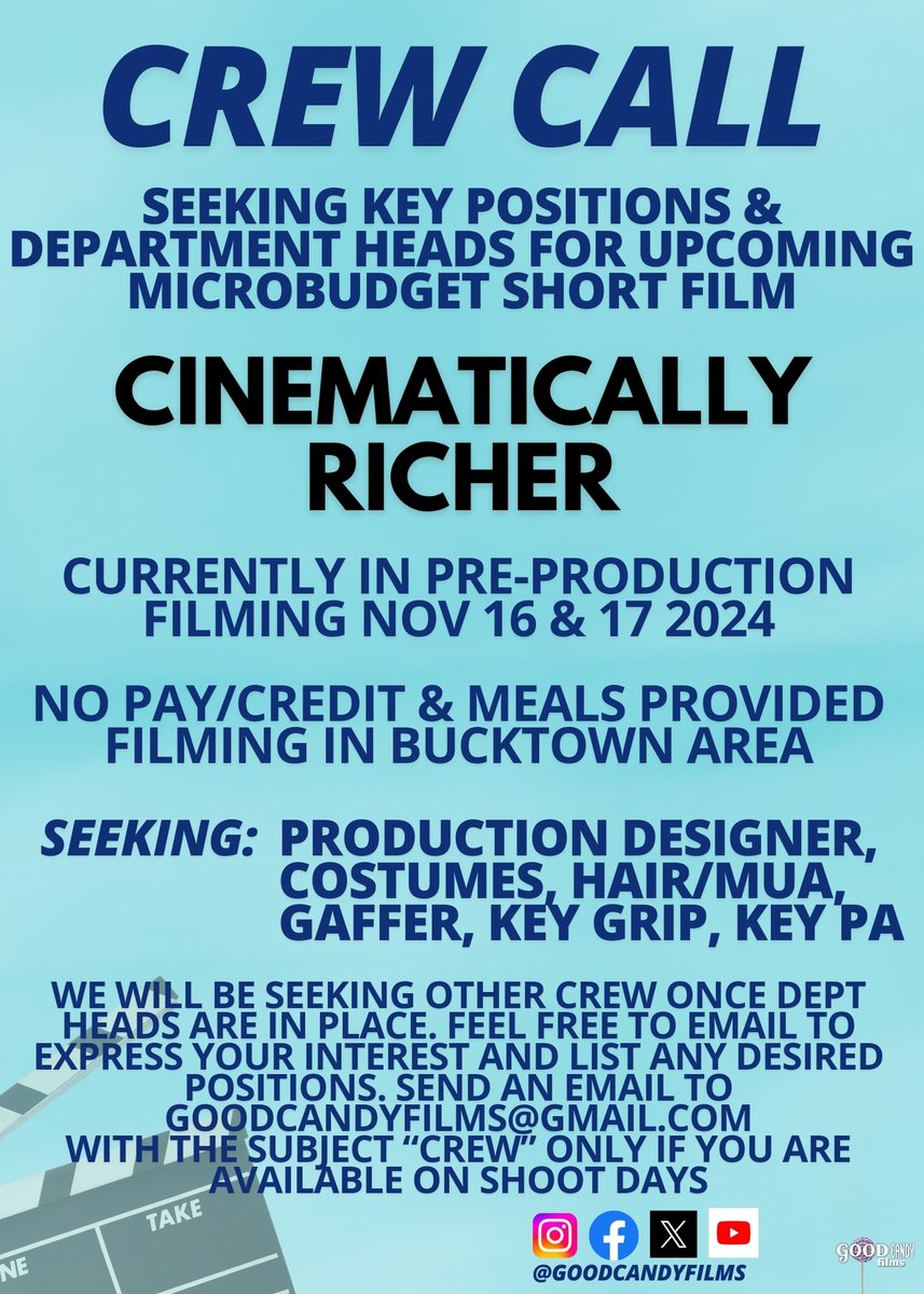 goodcandyfilms's tweet image. Crew call!   goodcandyfilms@gmail.com 
.
#cinematicallyricherfilm #goodcandyfilms #crewcall #indiefilm #chicagofilmmakers