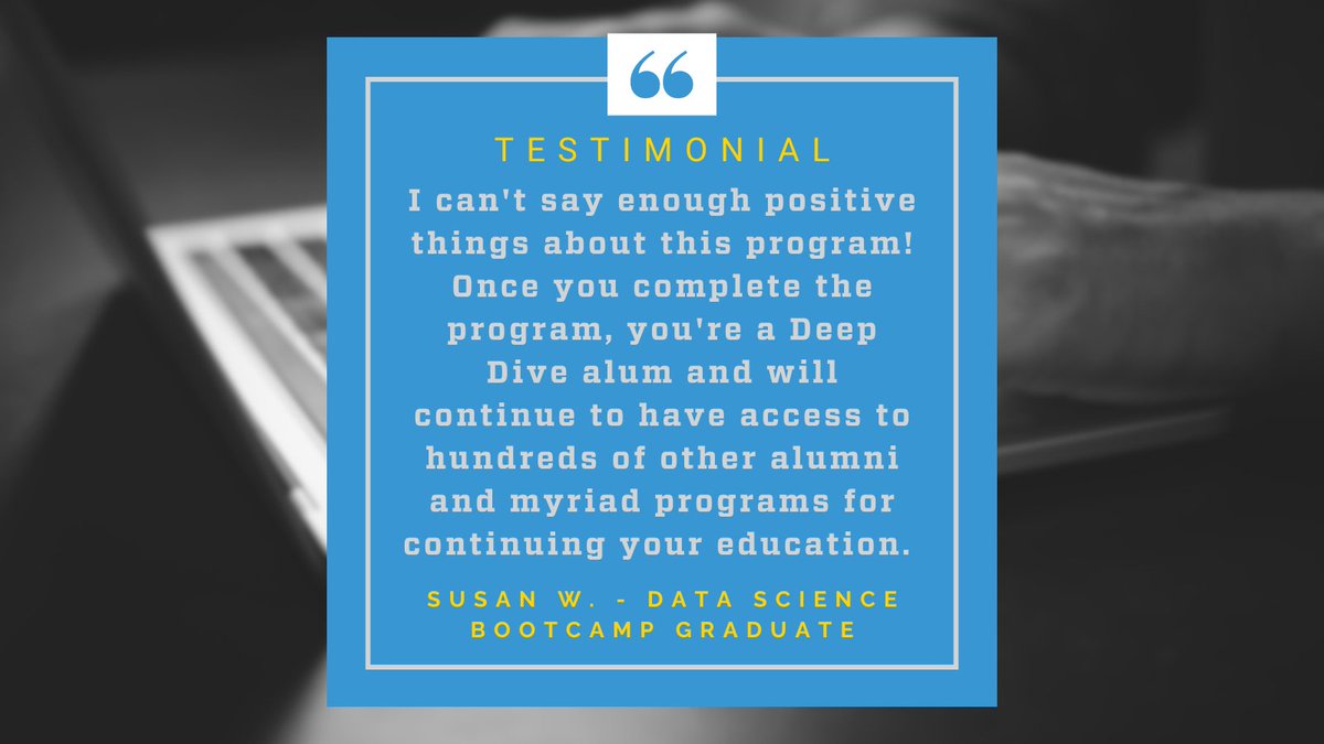 DeepDiveCoding's tweet image. Dive into the incredible success story of Susan W. to see what Deep Dive can do!

#DeepDive #bootcamp #newcareer #coding #UXUI #digitalmedia #IOT #softwareengineer
