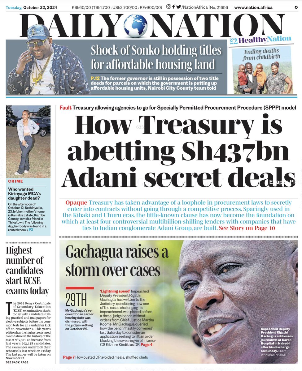 MwangoCapital's tweet photo. Frontpage Nation Tomorrow: 

"Treasury has taken advantage of a... little-known clause has now become the foundation on which at least four controversial multibillion-shilling tenders with companies that have ties to Indian conglomerate Adani Group, are built" https://t.co/yHpEoDtoh1