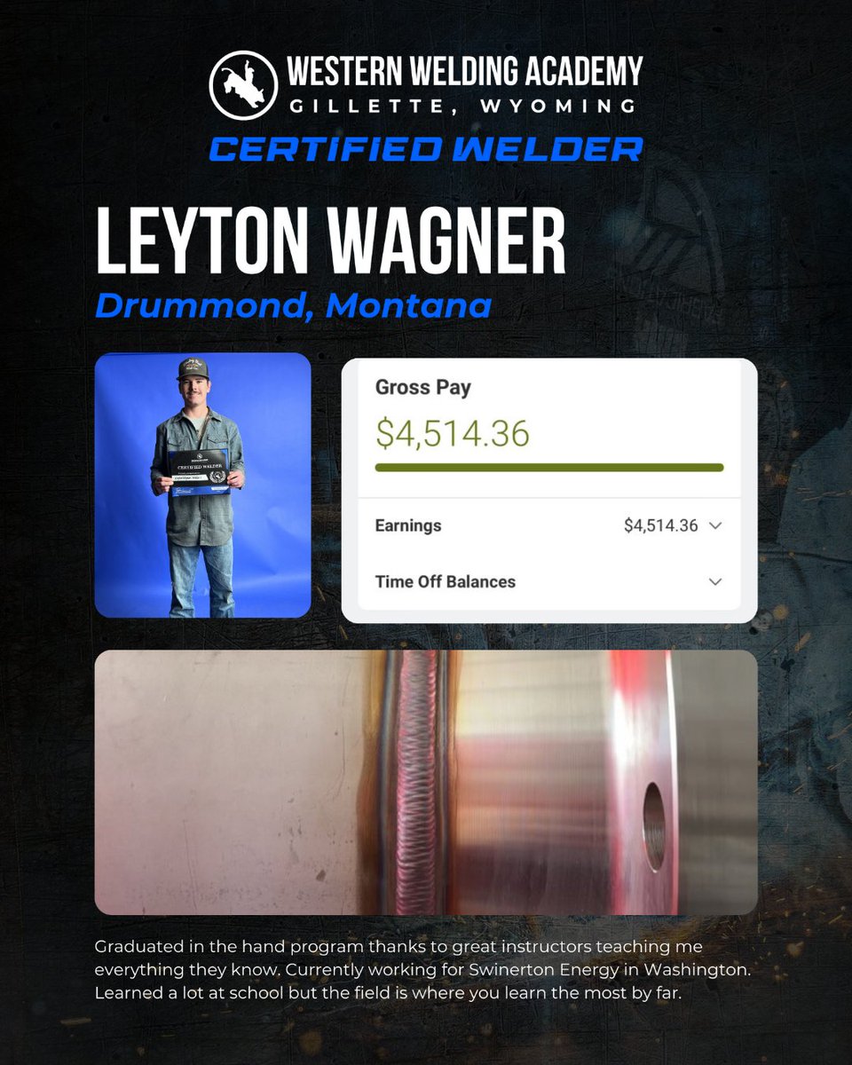 AcademyWelding's tweet image. From the classroom to the job site, Leyton Wagner is showing what real skill and hard work can achieve. We’re proud to be building the next generation! 💪 

#AmericaFirst #ProudGraduate #Welding #bluecollar #trades #skill #experience #instructors