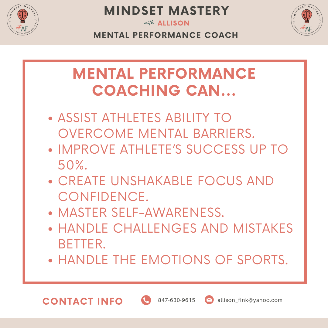 If your team or athlete is looking to improve mental resilience, I offer mental performance coaching. A couple key benefits include enhanced focus &amp; ways to handle game pressure. I'm available to help strengthen their mental game. For more info, email me at allison_fink@yahoo.com