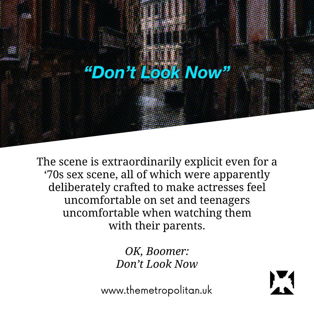 metrosocials's tweet photo. This week we’re rewatching “Don’t Look Now”, a film famous for two scenes, one of which includes Donald Sutherland’s pallid bum.
https://t.co/fs1f9NxGkX https://t.co/IrH4StKjnm