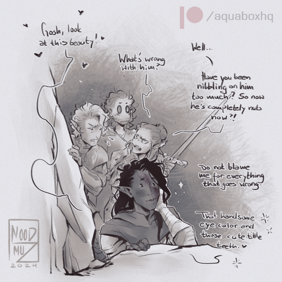 yamiz's tweet photo. #OCoctober: 21 - Working their way through a Dungeon.
So what would Yasha do in a dungeon if not sneak carefully and be on his guard against the lurking dangers? But maybe there's a little fangirl in him and such a moment occurs.
#BG3 #BG3tav #BG3Companions https://t.co/wkTTyfCZiS