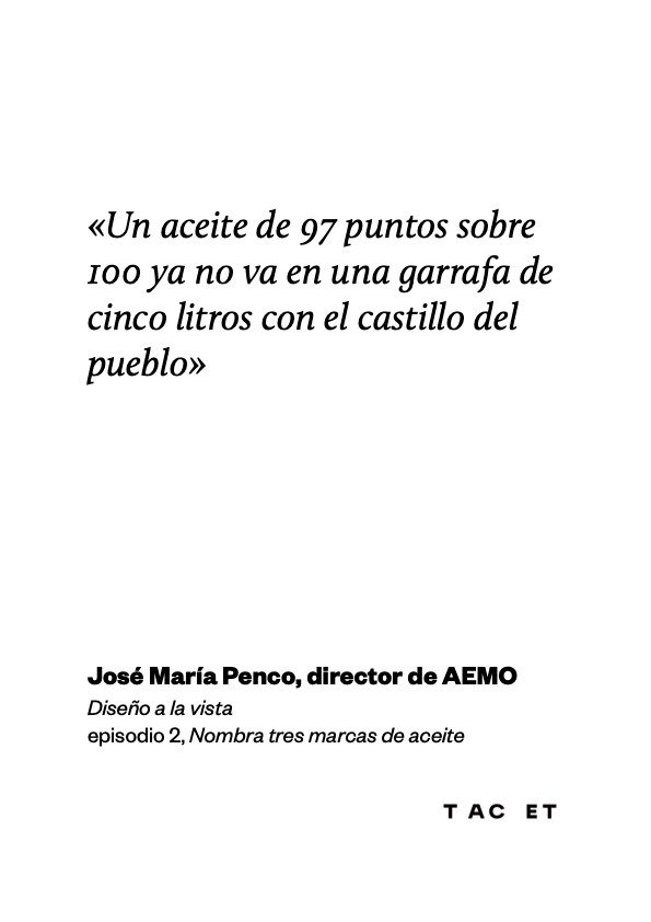 somostacet's tweet photo. ¿Te acuerdas del juego “Di tres marcas de…”?

Juguemos: “Nombra tres marcas de aceite”. 

¿Solo se te ocurre Carbonell? ¿Por qué no recordamos más marcas de aceite? 

‘Diseño a la vista’, el podcast de Tacet con Estudio Pablo Gallego.  

https://t.co/oJicDK8iyW https://t.co/HjqwVtEJeb