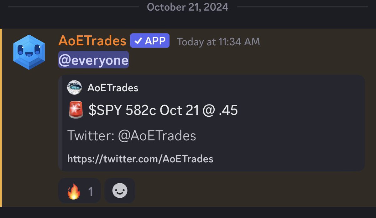 AoETrades's tweet photo. Awesome day!
✅ $SPY 582c Oct 21 (+38%)
- contracts peaked at +228%🔥ITM
#OptionsTrading #OptionsSignals #Options #FuturesTrading #Futures $QQQ $SPX $ES $NQ $VIX #Discord https://t.co/TgVEMrcCQx