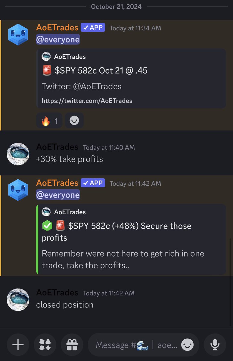 AoETrades's tweet photo. Awesome day!
✅ $SPY 582c Oct 21 (+38%)
- contracts peaked at +228%🔥ITM
#OptionsTrading #OptionsSignals #Options #FuturesTrading #Futures $QQQ $SPX $ES $NQ $VIX #Discord https://t.co/TgVEMrcCQx