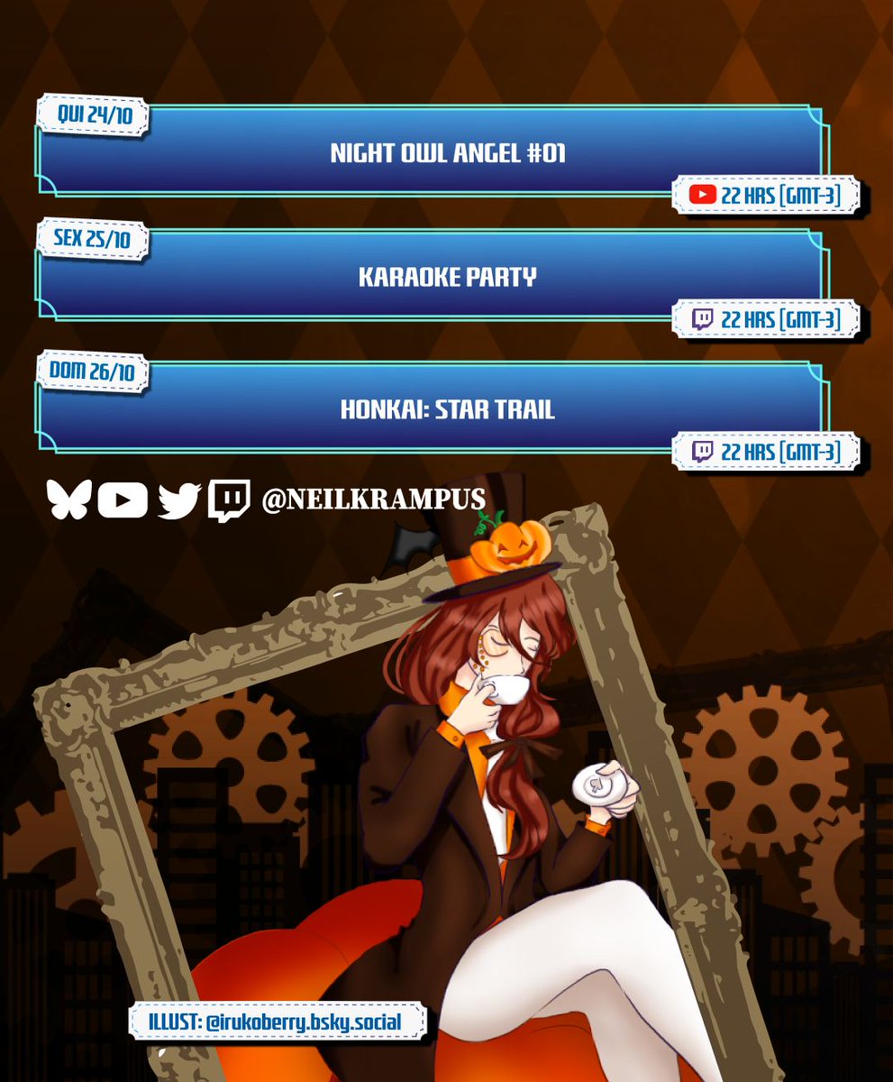 NeilKrampus's tweet photo. 💙SCHEDULE 24/10~27/10💙
🎩Tag geral: #KrampusNight
🎩Fanart: #NeilPic
🎩Redes sociais e commissions: https://t.co/FgesYAhbOQ
✨ https://t.co/TmncqoRqI7
✨ https://t.co/oxYAUqnDy2
🎨: @/IrukoAbely
#StarSongEnt #VtuberBR #KrampusNight https://t.co/zvQKdOz8rY