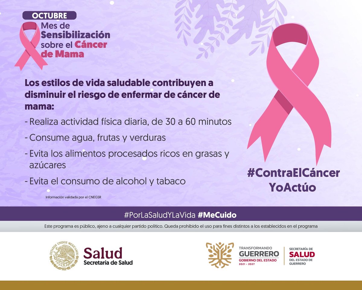 Gob_Guerrero's tweet image. Octubre I Mes de la Sensibilización sobre el #CáncerDeMama
 
El cáncer de mama es el tipo de cáncer más común en las mujeres. Sin embargo, hay acciones que puedes realizar para reducir el riesgo:
 
 #Observo #Toco #Siento 👁️✋👐
 
 #ContraElCáncerDeMamaYoActúo #PorLaSaludYLaVida