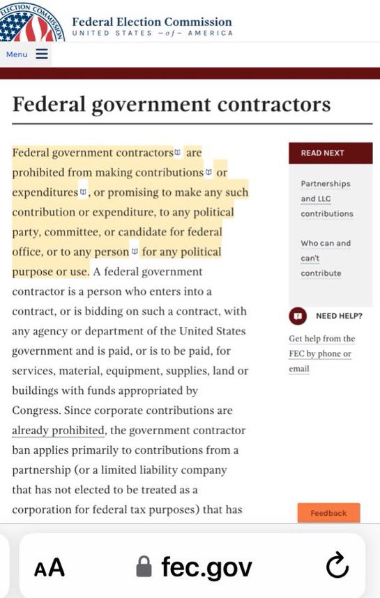 Sonee333Sonny's tweet photo. @TheRichFromCali @elonmusk 
Federal government contractors are prohibited from making contributions or expenditures, or promising to make any such contribution or expenditure, to any political party, committee, or candidate for federal office, or to any person for any political purpose or use. 1/ https://t.co/GuE3hB9oa6
