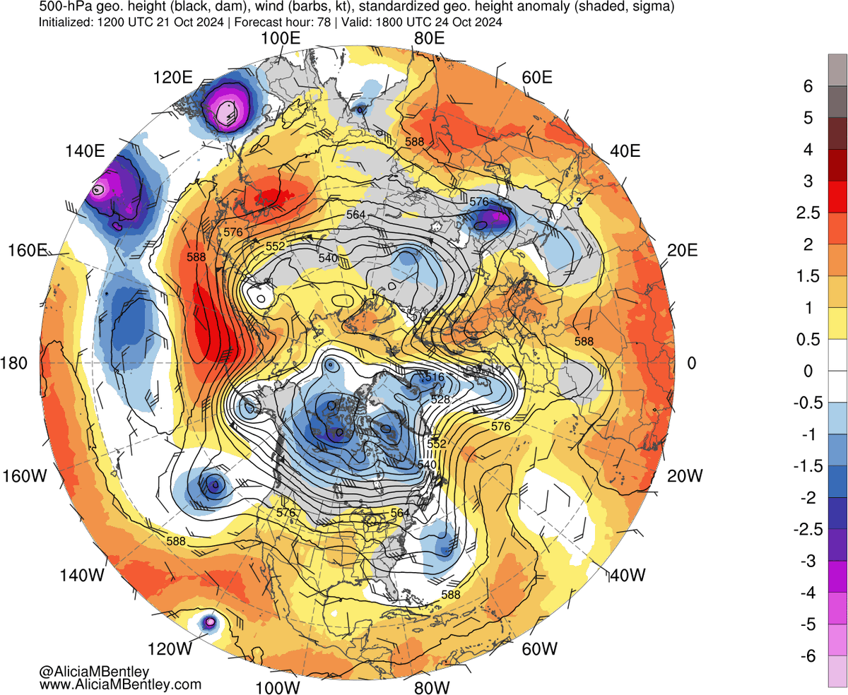 L’interaction avec une dépression nord-atlantique amplifie cette dynamique, favorisant la capture des restes d’Oscar vers l’Europe. Les systèmes comme Oscar suivent la dynamique des crêtes - creux dans le flux d’altitude à 500 hPa ce qui permet leur redirection vers l’est.
2/2