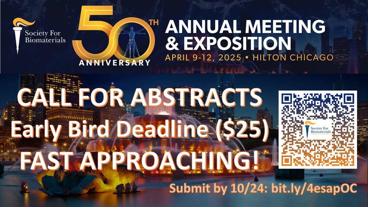 ⏰ REMINDER - Early Bird Deadline: October 24 🗓️
Submit your abstract now &amp; enjoy a discounted rate of $25! bit.ly/4esapOC #biomaterials 2025.biomaterials.org