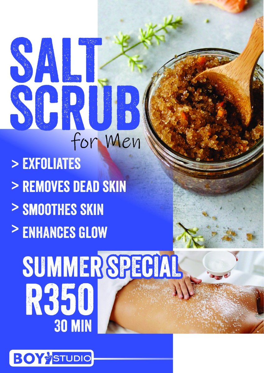boy_studio's tweet photo. @Smileyfacecasp1 
"Men, it’s time to level up your skincare! 💪 Our exfoliating salt scrub, for men by men, will have you feeling refreshed and looking your best this summer. 30 minutes for just R350.00 Book now and treat your skin right! #MensCare #ExfoliateLikeAMan #SummerReady https://t.co/HNTLvT19aW