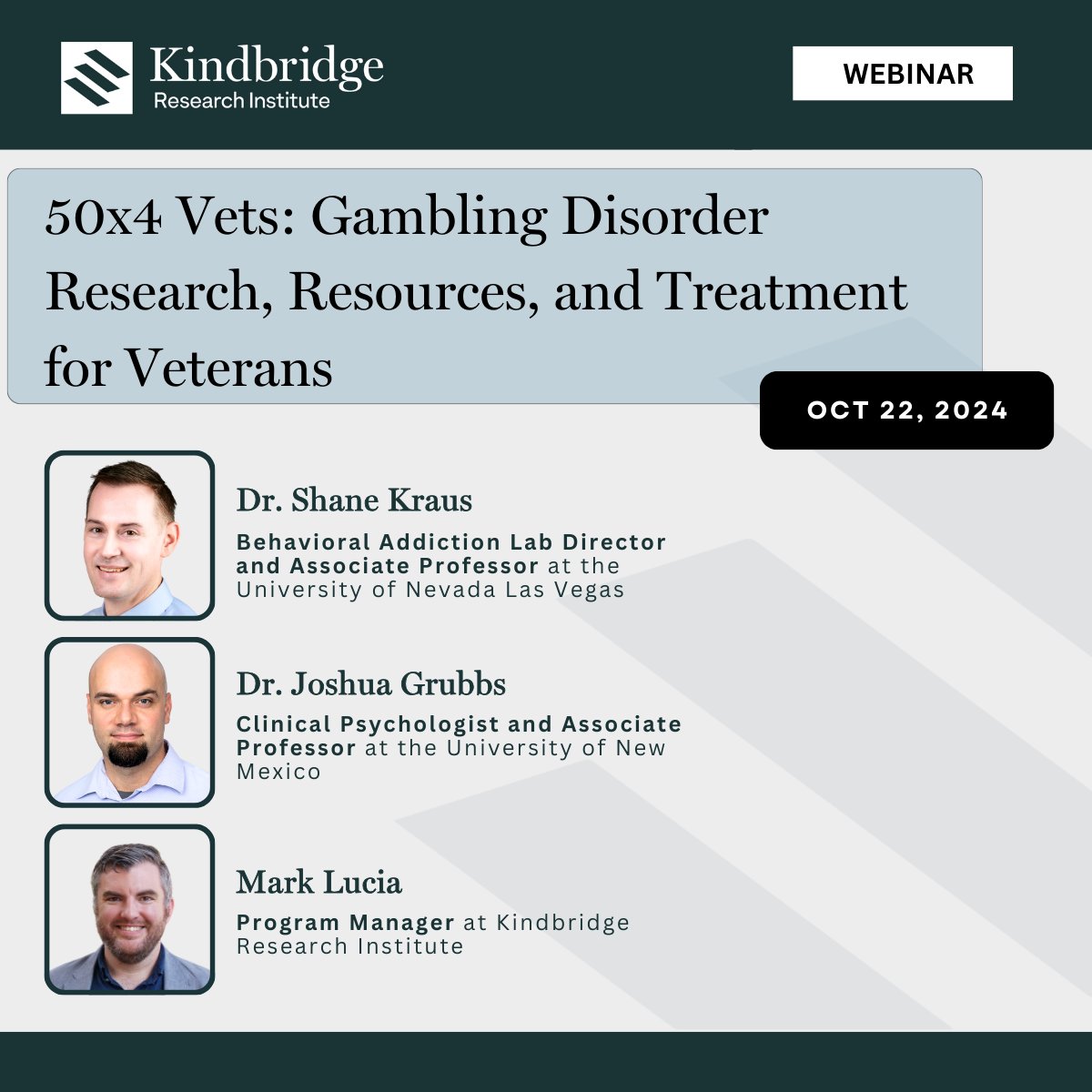 Kindbridge Research Institute (@kr_institute) on Twitter photo 🎤 Our latest webinar with Drs. <a href="/kraus_phd/">Shane W Kraus</a>, <a href="/JoshuaGrubbsPhD/">josh grubbs</a>, and Mark Lucia, releases tomorrow as they discuss groundbreaking findings from our 50x4 Vets Research Program...
👉 Sign up to stay updated kindbridgeinstitute.org/#subscribe
#MilitaryResearch #GamblingDisorder 🎤 Our latest webinar with Drs. <a href="/kraus_phd/">Shane W Kraus</a>, <a href="/JoshuaGrubbsPhD/">josh grubbs</a>, and Mark Lucia, releases tomorrow as they discuss groundbreaking findings from our 50x4 Vets Research Program...
👉 Sign up to stay updated kindbridgeinstitute.org/#subscribe
#MilitaryResearch #GamblingDisorder