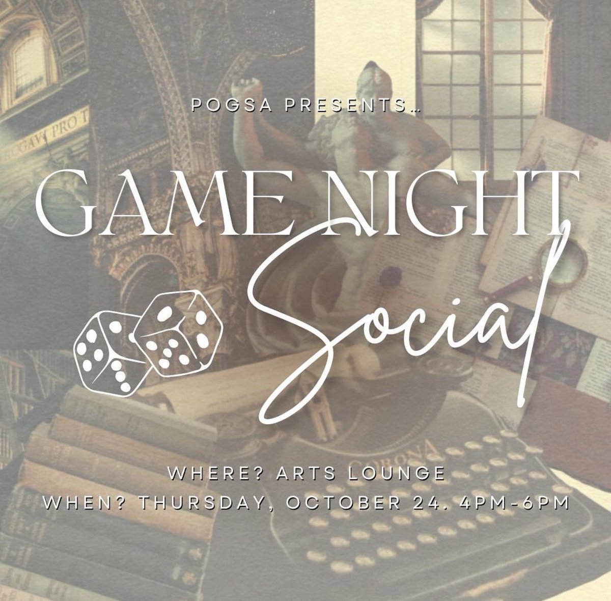 POGSA’s Game Night Social! 🎮🎉

POGSA is ECSTATIC to accounce the return of our famous game night social!

🗓️ October 24th from 4:00-6:00 pm

📍Art Lounge (POD 349)

Snacks, prizes, card games, board games, and more🍕🃏 Register using the link in our bio!