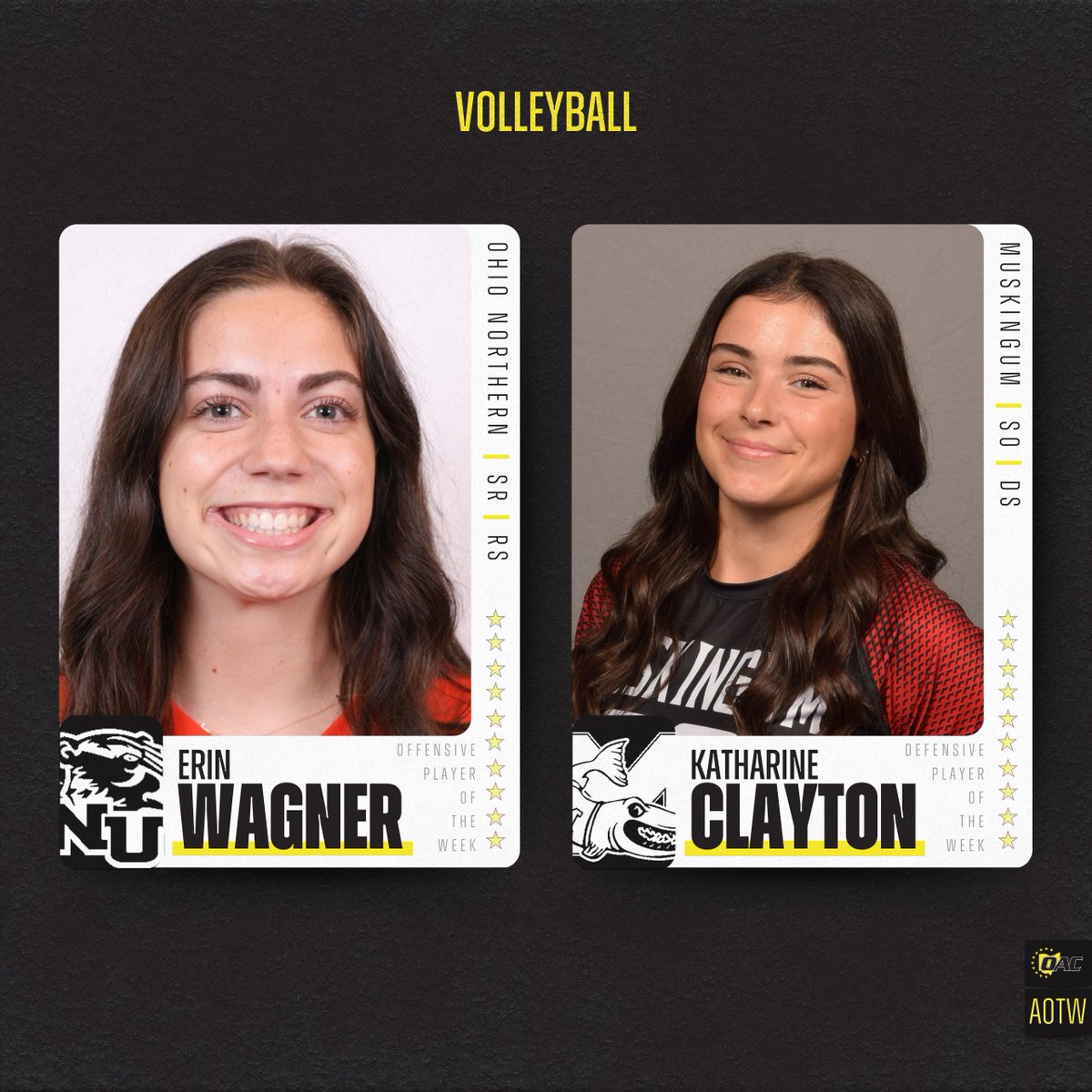 OHAthleticConf's tweet photo. Athletes of the Week | Volleyball π
Erin Wagner, @ONUsports
Katharine Clayton, @fightingmuskies
#OAC #OACvb