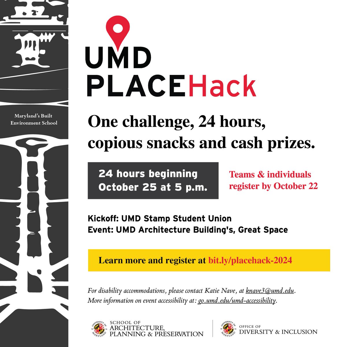 The Office of Diversity and Inclusion at UMD (@diverseterps) on Twitter photo This year's @UMD_MAPP PlaceHack will tackle accessibility! Join this 24-hour challenge on Friday, Oct. 25 starting at 5pm in Stamp. Students from <a href="/UofMaryland/">Univ. of Maryland</a> and <a href="/howardu/">Howard University</a> are all welcome. Details/RSVP: bit.ly/placehack-2024. ADA: knave@umd.edu This year's @UMD_MAPP PlaceHack will tackle accessibility! Join this 24-hour challenge on Friday, Oct. 25 starting at 5pm in Stamp. Students from <a href="/UofMaryland/">Univ. of Maryland</a> and <a href="/howardu/">Howard University</a> are all welcome. Details/RSVP: bit.ly/placehack-2024. ADA: knave@umd.edu