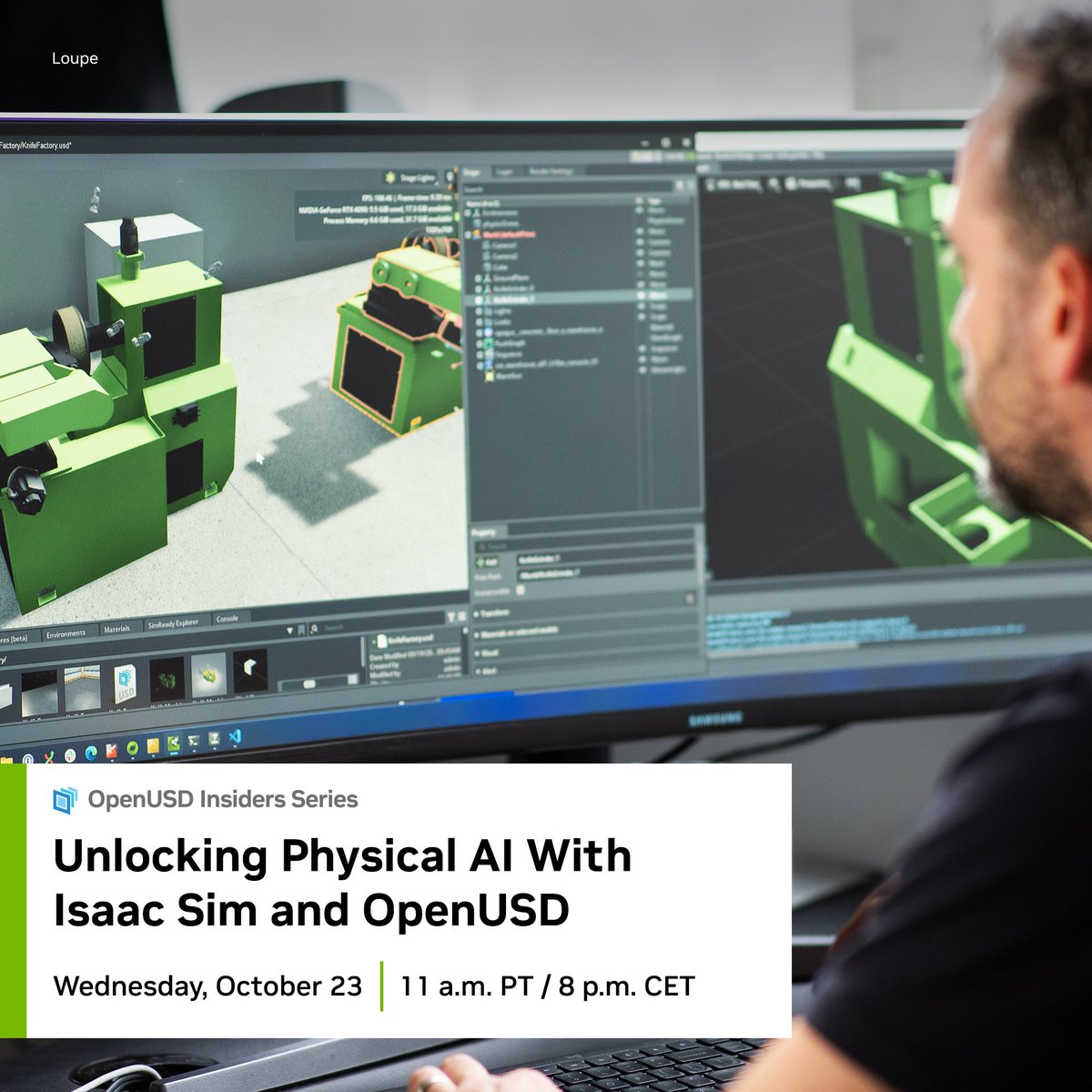 Tune into this week's livestream to see incredible work from the #NVIDIAOmniverse community, including:

👏 <a href="/LoupeTeam/">Loupe</a>'s custom extension connecting Omniverse to PLCs and ABB Robotics for industrial automation. 
👏 Athena Angara's use of VR to create digital twins for robotic