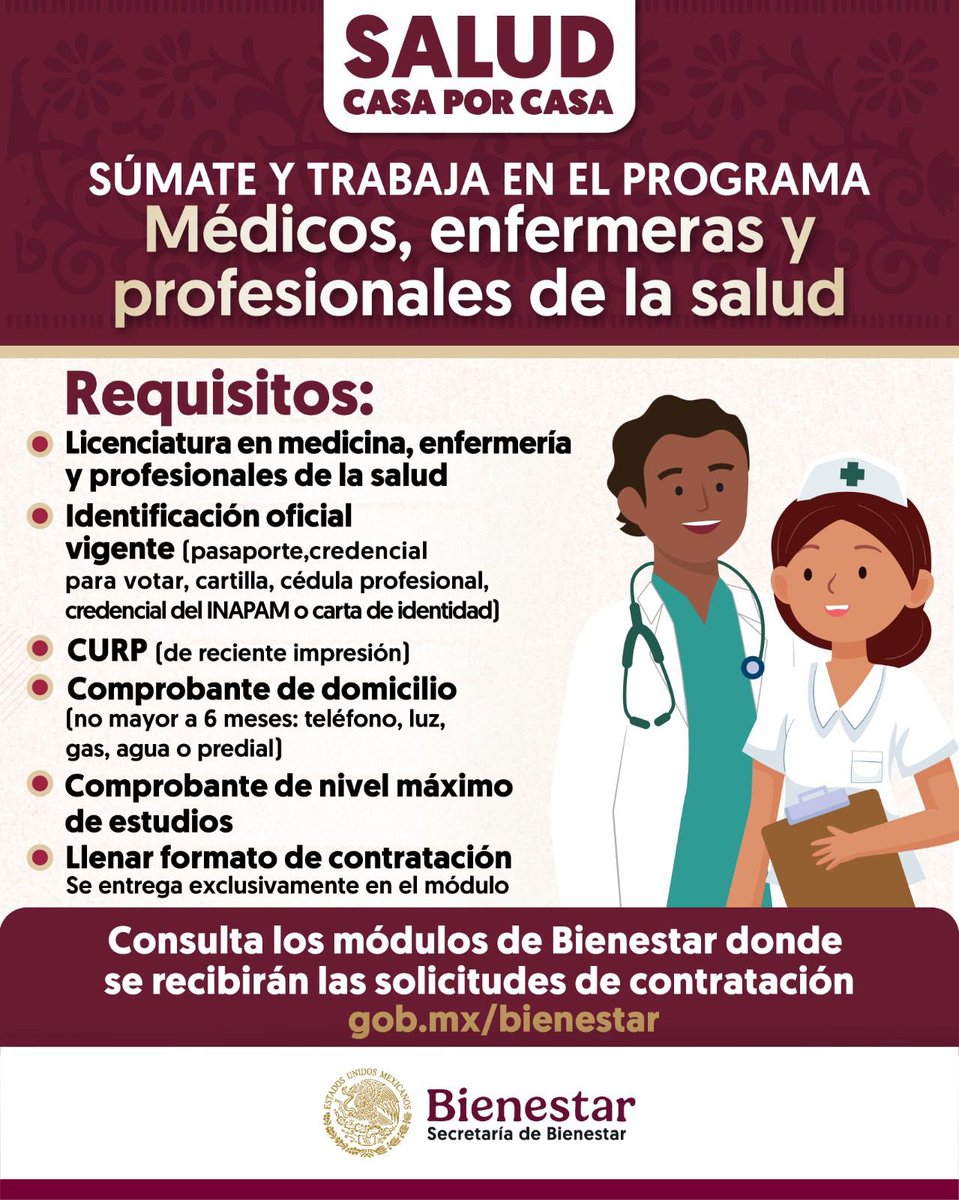 Ariadna Montiel Reyes (@a_montielr) on Twitter photo ❤️Aviso Importante👩⚕️👨⚕️❤️
Si eres médico, enfermera o profesional de la salud, trabaja en el programa #SaludCasaPorCasa, 🏠👵👨🦽❤️🩺 una iniciativa de la presidenta <a href="/Claudiashein/">Claudia Sheinbaum Pardo</a> para garantizar la #salud de #AdultosMayores y
#PersonasConDiscapacidad.
Presenta tu solicitud de ❤️Aviso Importante👩⚕️👨⚕️❤️
Si eres médico, enfermera o profesional de la salud, trabaja en el programa #SaludCasaPorCasa, 🏠👵👨🦽❤️🩺 una iniciativa de la presidenta <a href="/Claudiashein/">Claudia Sheinbaum Pardo</a> para garantizar la #salud de #AdultosMayores y
#PersonasConDiscapacidad.
Presenta tu solicitud de