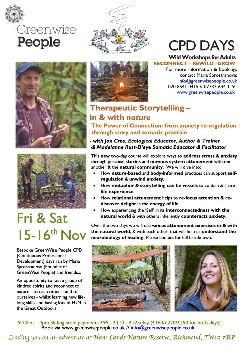 Please share 🙏🏼 #CPD Working with #Trauma &amp; #Anxiety in the Outdoors + #Therapeutic #Storytelling - using story &amp; #somatic practice in #nature to shift trauma. 🌿1 Nov + 🌿15-16 Nov
Ham Lands Nature #Richmond #London  

🌳To secure your log  contact: info@greenwisepeople.co.uk